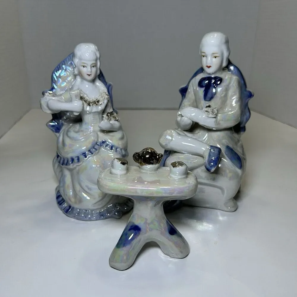 Vintage Victorian/Colonial Iridescent Porcelain Couple Having Tea (3 Pc Set)